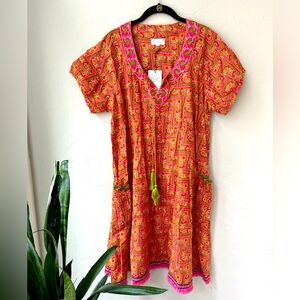 NWT NAUDIC SAO PAULO COLLEGIO PRINT EMBROIDERED FRINGE HEM DRESS YELLOW PINK M